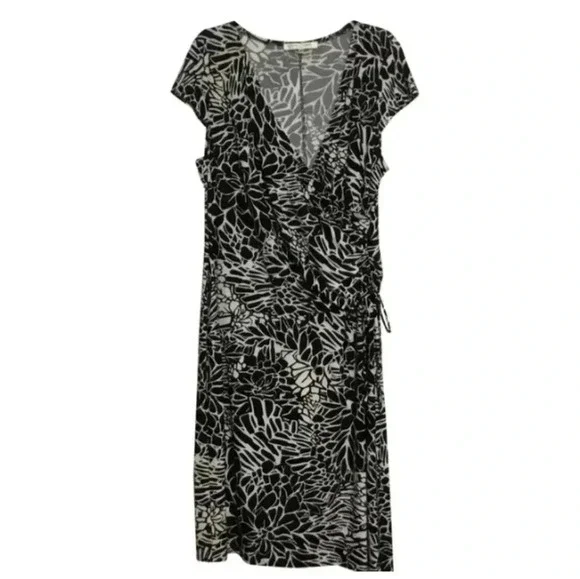 Evan-Picone Black White Print Faux Wrap Dress - Picture 1 of 3
